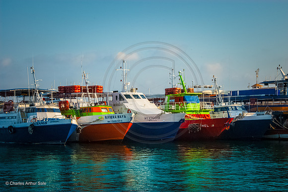 Boats moored together in harbor of San Miguel de Cozumel, Quintana Roo