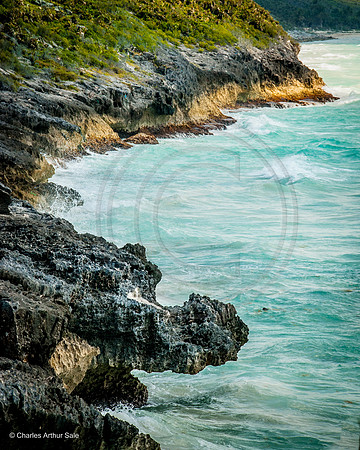 Hillside and cliffs meeting the Caribbean Sea north of Maya ruins at Tulum