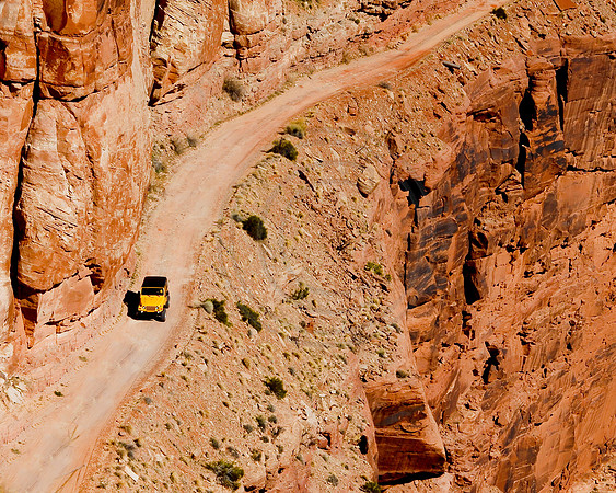 Jeep on narrow road, Canyonlands National Park