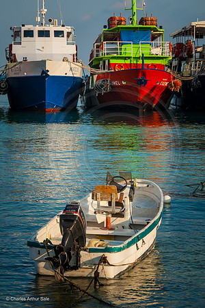 Outboard motorboat in harbor of San Miguel de Cozumel, Quintana Roo